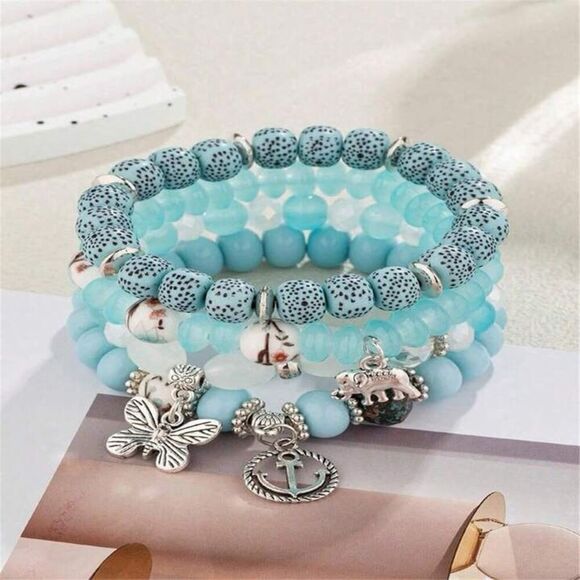 Handmade Blue Boho Bracelet Set 4pc with Anchor, Elephant & Butterfly Charms - Picture 1 of 7